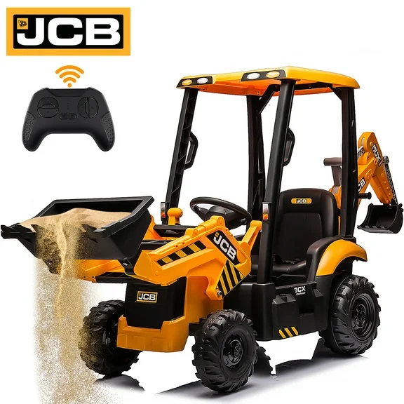 12V Kids Ride on Excavator Digger Toy Cars, JCB Battery Powered Electric Tractor with Remote Control, Ride on Construction Truck w/Adjustable Front and Back Loader for 3-6 Boys Girls, Yellow