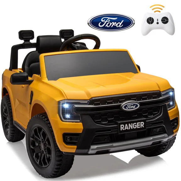 12V Powered Ride on Truck, Ford Ranger Ride on Toy Cars with Remote Control, Rear Wheels Suspension, Safety Belt, MP3 Player, Electric Ride on Cars for Kids Boys Girls 3-6 Ages, Yellow