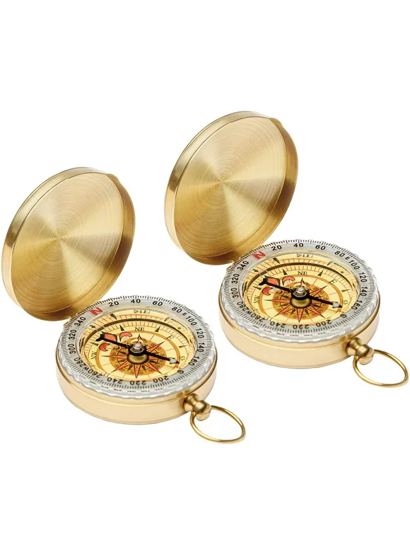 2 Pack Camping Survival Compass Glow,Classic Pocket Style Copper Clamshell Compass, Glow in The Dark Military Compass Survival Gear Compass,Waterproof Luminous Kids Compass for Hiking Camping Hunting