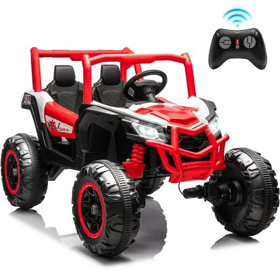 24 V Ride on UTV for Kids, 2 Seater Battery Powered Ride on Car with Remote control, Music Player, 4 Wheel Shock Spring, 3 Point Safety Belt, Ride on Toy for Boys and Girls 3 4 5 6 Years Olds, Red