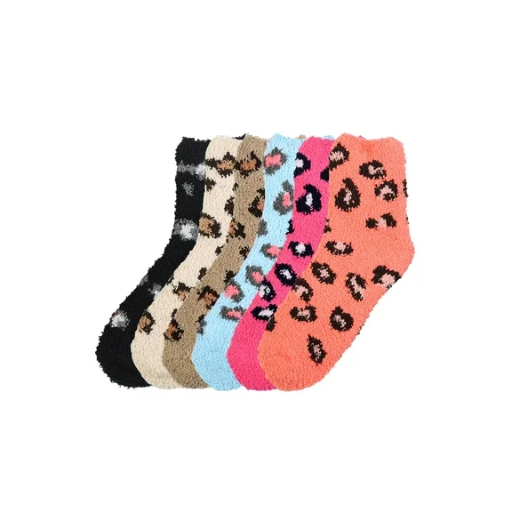 247 Frenzy Women's Essentials Mopas PACK OF 6 Plush Soft Fuzzy Winter Crew Socks - LEOPARD