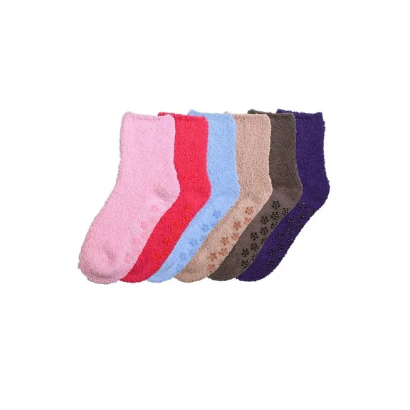 247 Frenzy Women's Essentials Mopas PACK OF 6 Plush Soft Fuzzy Winter Crew Socks with Non-Skid Floral Grips - PLAIN1