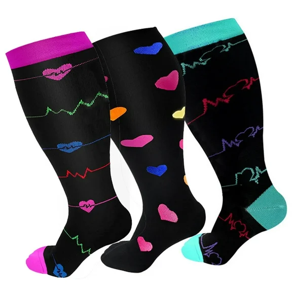 3 Pairs Plus Size Compression Socks Wide Calf For Women & Men 20-30 mmhg - Large Size Knee High Support Stockings For Medical