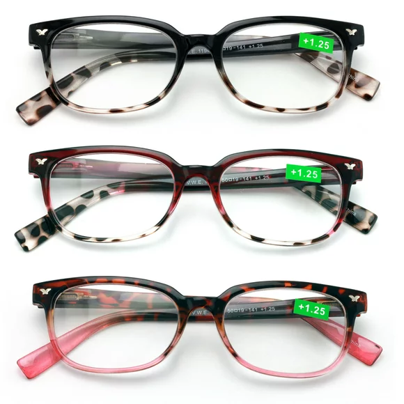 3 Pairs of Women Classic Reader With Spring Hinges - Half Translucent Tortoise Reading Glasses RX Magnification +3.00