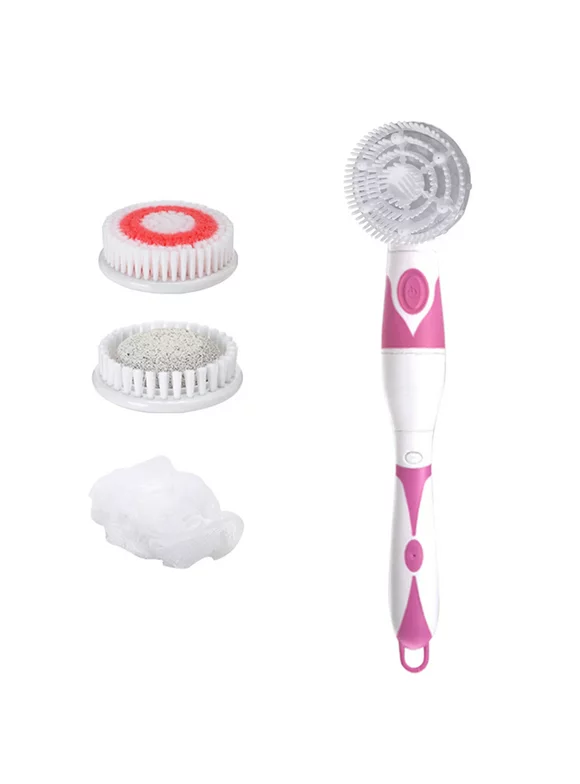 4 in 1 Waterproof Electric Bath Brush Multi-functional Body Cleansing Brush Back Massage Scrubber with 4 Brush Heads Shower Brush with Long Handle