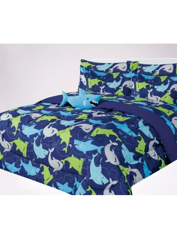 6-PC Twin Shark blue complete bed in bag comforter bedding set with furry friend and matching sheet set for kids boys girls super soft easy wash kids bedding décor