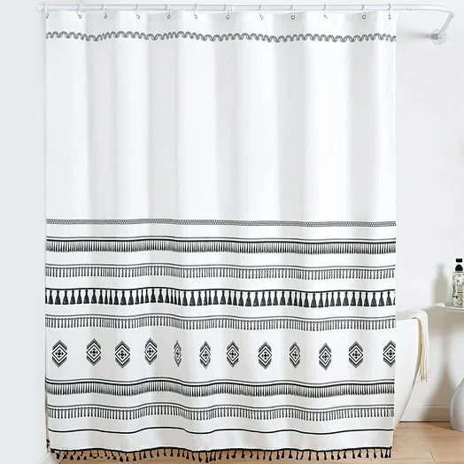 72 x 72 Inch Tassel BOHO Shower Curtain, Waterproof Fabric Farmhouse Style, Black and White Fabric Bathroom Curtains with 12 Hooks Set