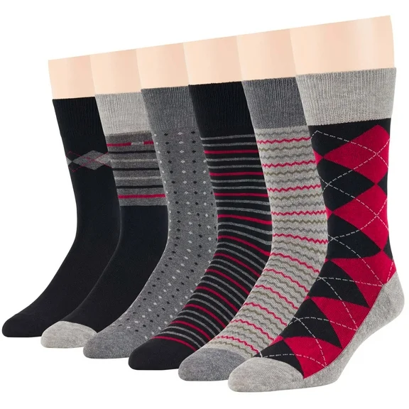 7Bigstars Kingdom Men's Dress Socks Cotton -6 pack- Business Casual Seamless Argyle, Dotted, Striped Sock Size 10-13 Shoe Size 9-12 L Black, Dark Grey, Grey (A43)