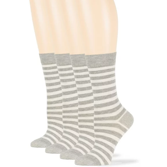 7Bigstars Women Cotton Striped Casual Daily Socks, Grey, Medium 9-11, 4 Pack