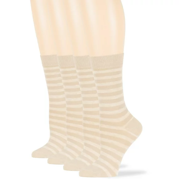 7Bigstars Women Cotton Striped Crew Socks, Light Beige, Medium 9-11, 4 Pack