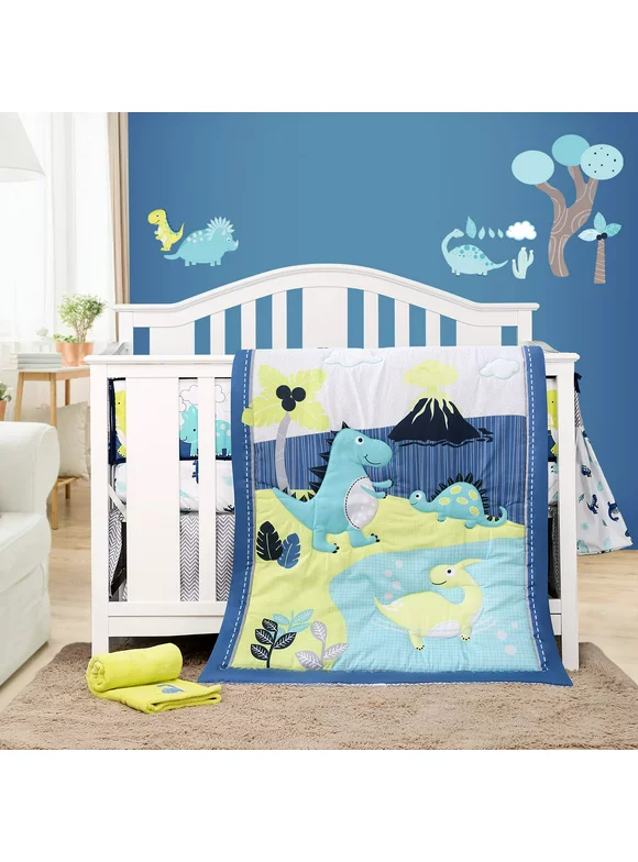 8 PC Dinosaur Crib Bedding Set for Baby Boys, Blue Nursery Set with Quilt/Sheet/Dust Ruffle/Blanket/Diaper Stacker/3 Wall Stickers