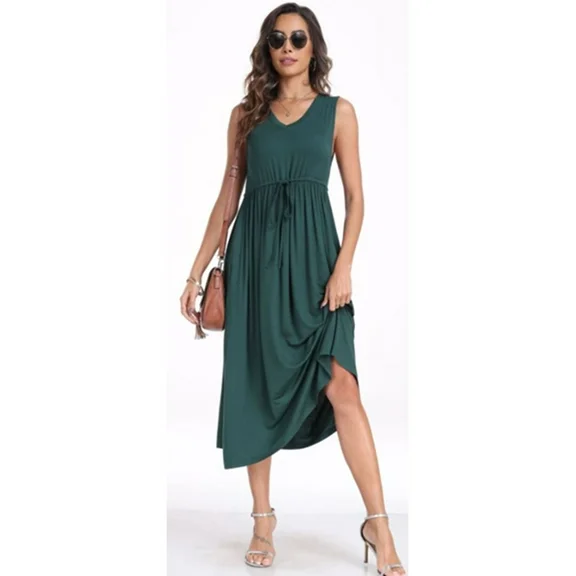 ANYJOIN Women's Sleeveless Tank Dress Summer Casual Swing Sundress Midi Dress with Pockets