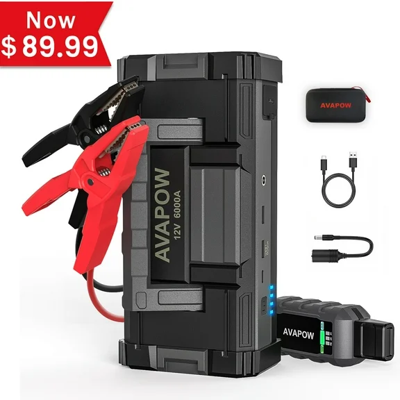 AVAPOW 6000A Car Jump Starter - Upgraded, Dual USB Quick Charge & LED Light, 12V Jump Pack for Gas & 12L Diesel