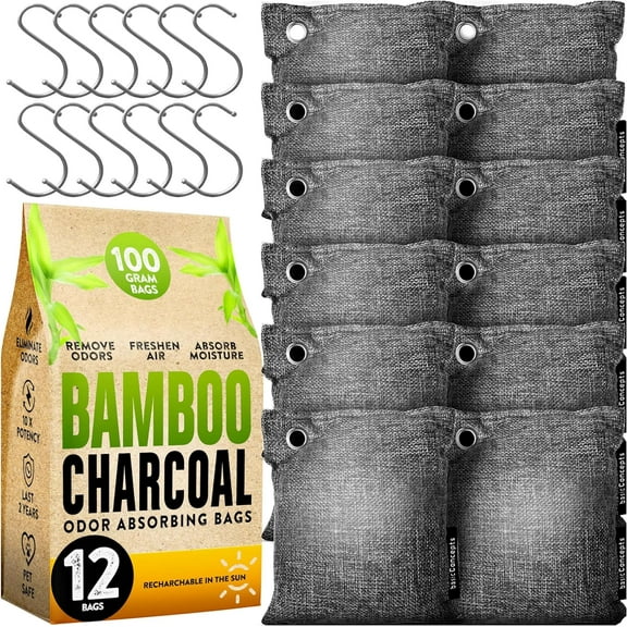 Activated Charcoal Odor Absorber for Strong Odor (Large, 12 Pack, 100g each), Bamboo Charcoal Air Purifying Bag, Activated Charcoal Odor Absorber for Closet, Shoe, Car, Basement Musty Odor Eliminator
