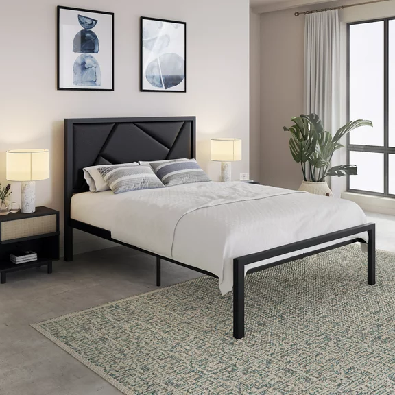 Allewie Black Twin Size Metal Bed Frame with Geometric Litchi Grain Leather Headboard