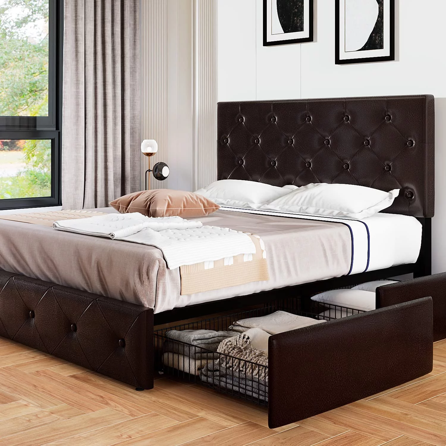 Allewie Black-brown Queen Size Platform Bed Frame with 4 Drawers, Diamond Stitched Button Tufted Faux Leather Upholstered