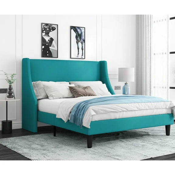 Allewie Full Size Fabric Upholstered Platform Bed Frame with Wingback Headboard, Jade Green