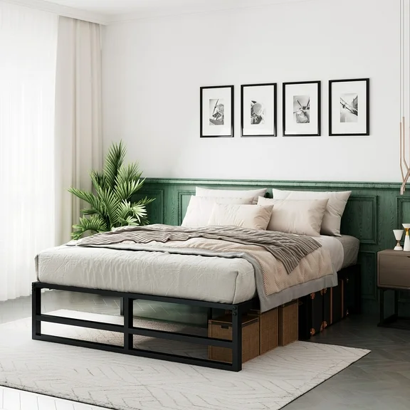 Allewie Full Size Metal Platform Bed Frame with 14" Under Bed Storage, Strong Metal Slats Support, Black