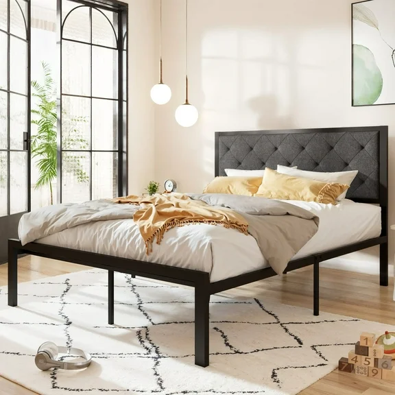 Allewie Full Size Metal Platform Bed Frame with Tufted Diamond Stitched Fabric Headboard, Dark Grey