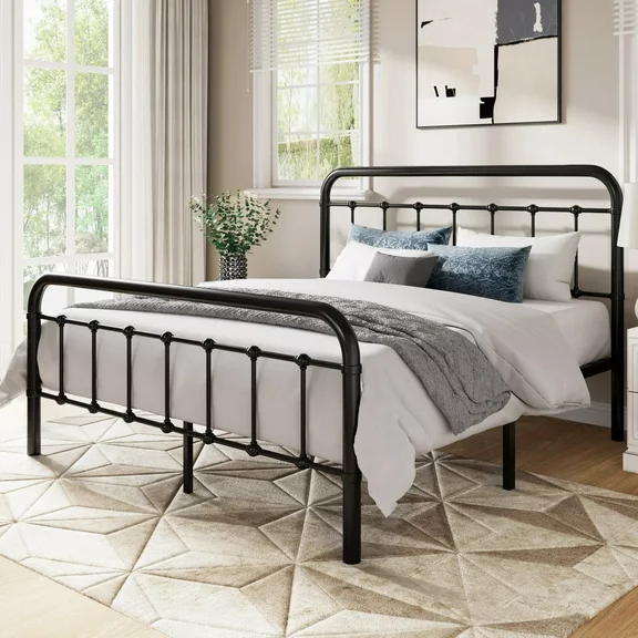 Allewie Full Size Metal Platform Bed Frame with Victorian Style Wrought Iron-Art Headboard/Footboard, Black