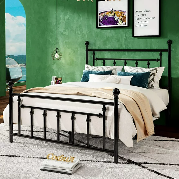 Allewie Full Size Metal Platform Bed Frame with Victorian Vintage Headboard&Footboard, Black