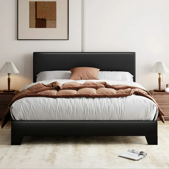 Allewie Full Size Platform Bed Fame with Upholstered Adjustable Leather Headboard, Black