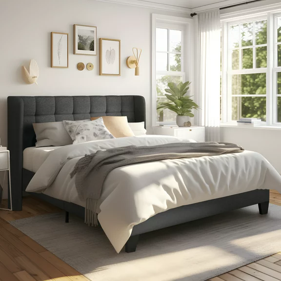Allewie Full Size Platform Bed Frame with Wingback Fabric Upholstered Square Stitched Headboard and Wooden Slats, Grey