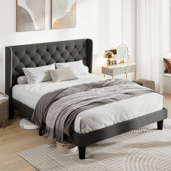 Allewie Full Size Upholstered Platform Bed Frame with Wingback and Button Tufted Headboard, Dark Grey