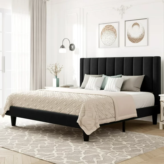 Allewie Full Size Velvet Upholstered Bed Frame with Vertical Channel Tufted Headboard, Black