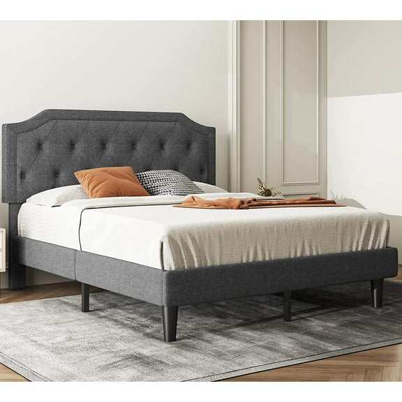 Allewie Full Upholstered Platform Bed Frame with Diamond Button Tufted Headboard,Sturdy Wood Slat Support，Dark Grey
