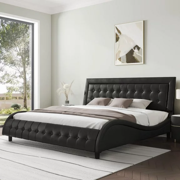 Allewie King Size Leather Platform Bed Frame with Modern Wavy Box-Tufted Adjustable Headboard, Black
