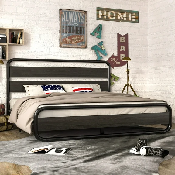 Allewie King Size Metal Platform Bed Frame with Wooden Headboard & Footboard , Black