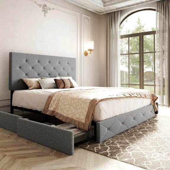 Allewie Light Grey Queen Platform Bed Frame with 4 Drawers Storage and Diamond Stitched Button Tufted Upholstered Headboard