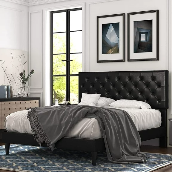 Allewie Queen Faux Leather Upholstered Platform Bed Frame with Adjustable Diamond-Tufted Headboard, Black