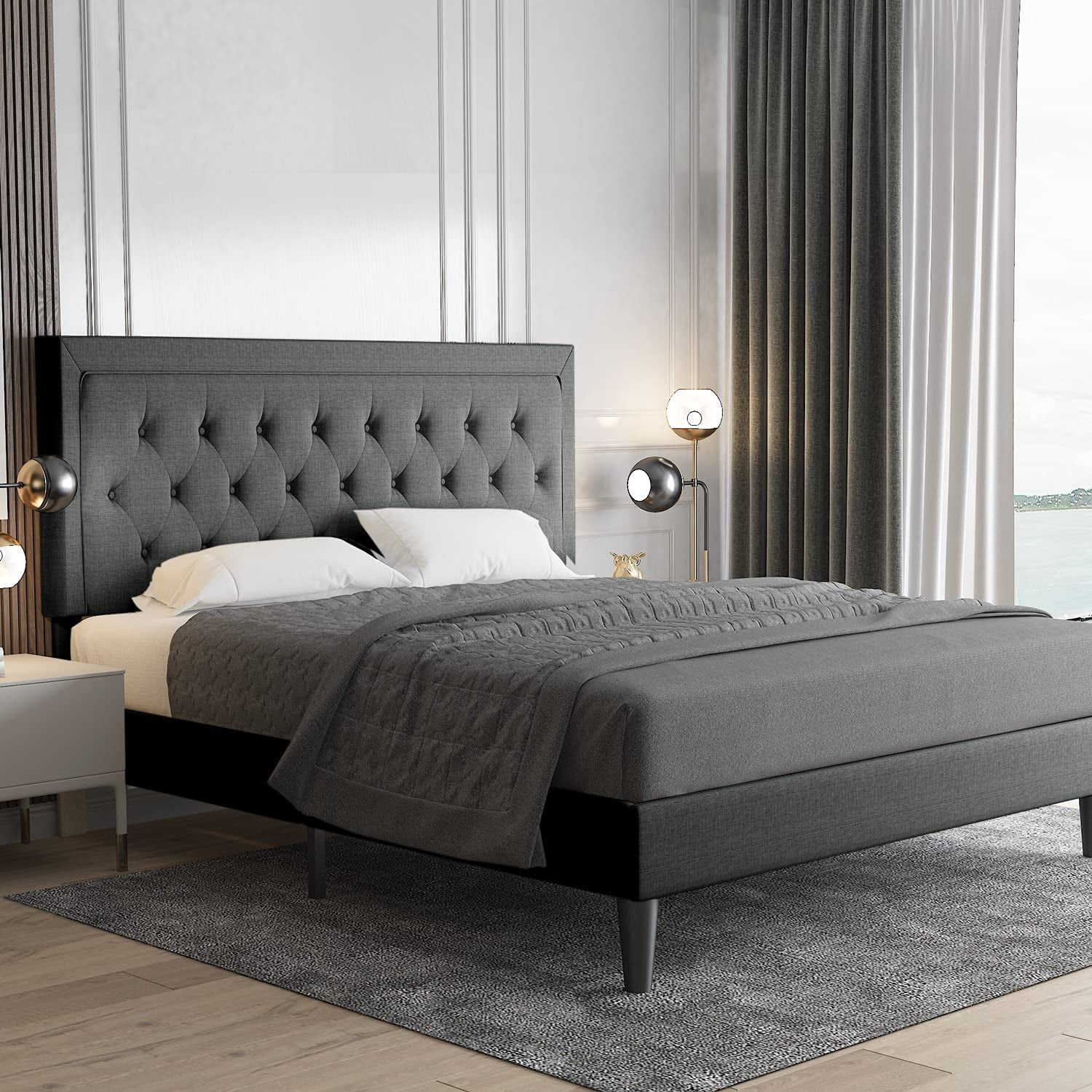 Allewie Queen Size Bed Frame Upholstered Platform Bed with Adjustable Headboard, Box Spring not Needed, Dark Grey