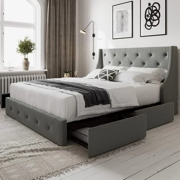 Allewie Queen Size Bed Frame with 4 Storage Drawers and Button Tufted & Wingback Headboard, Light Grey