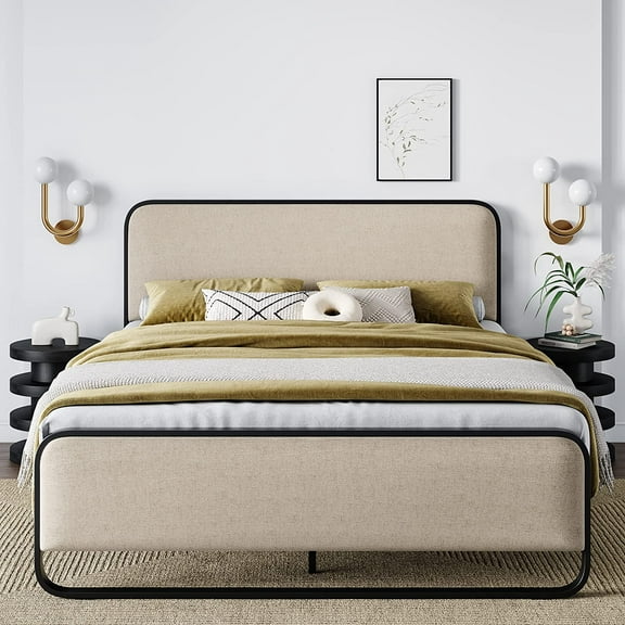 Allewie Queen Size Metal Platform Bed Frame with Curved Upholstered Headboard and Footboard, Beige