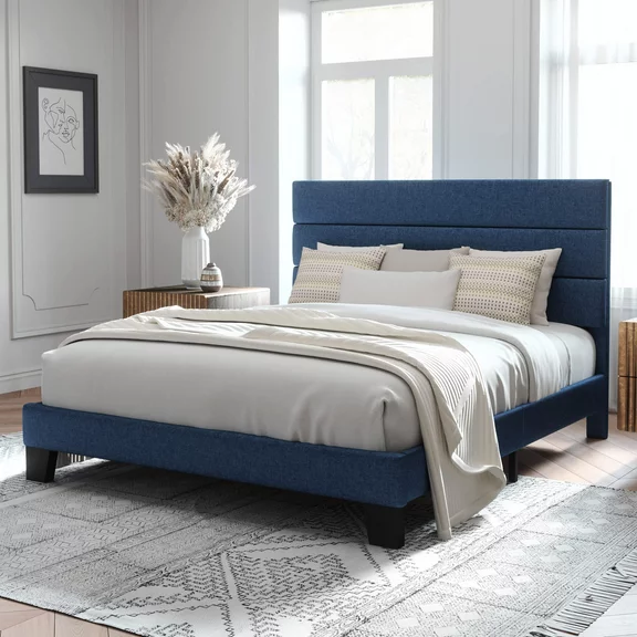 Allewie Queen Size Platform Bed Frame with Fabric Upholstered Headboard, No Box Spring Needed, Navy Blue