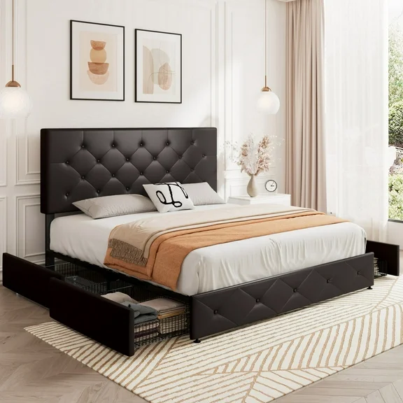 Allewie Queen Size Upholstered Faux Leather Platform Bed Frame with 4 Drawers, Diamond Stitched Button Tufted,  Black-brown