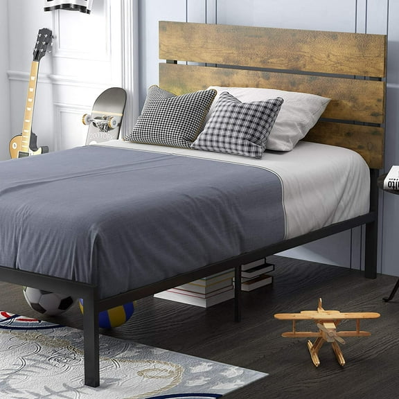 Allewie Twin Size Rustic Industrial Platform Bed Frame with Wood Headboard and Metal Slats