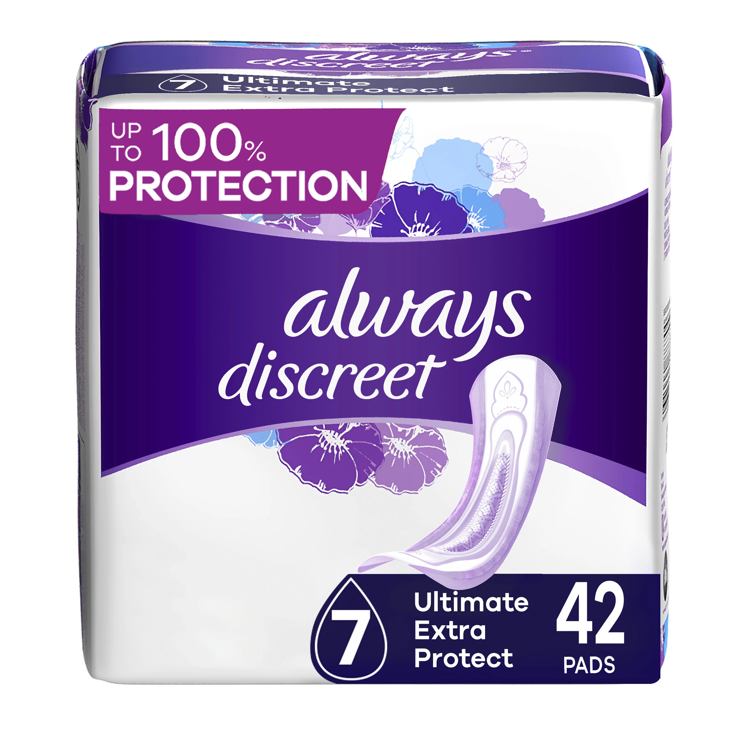Always Discreet Incontinence Pads, Ultimate Extra Protect Absorbency, Regular Length, 42 CT