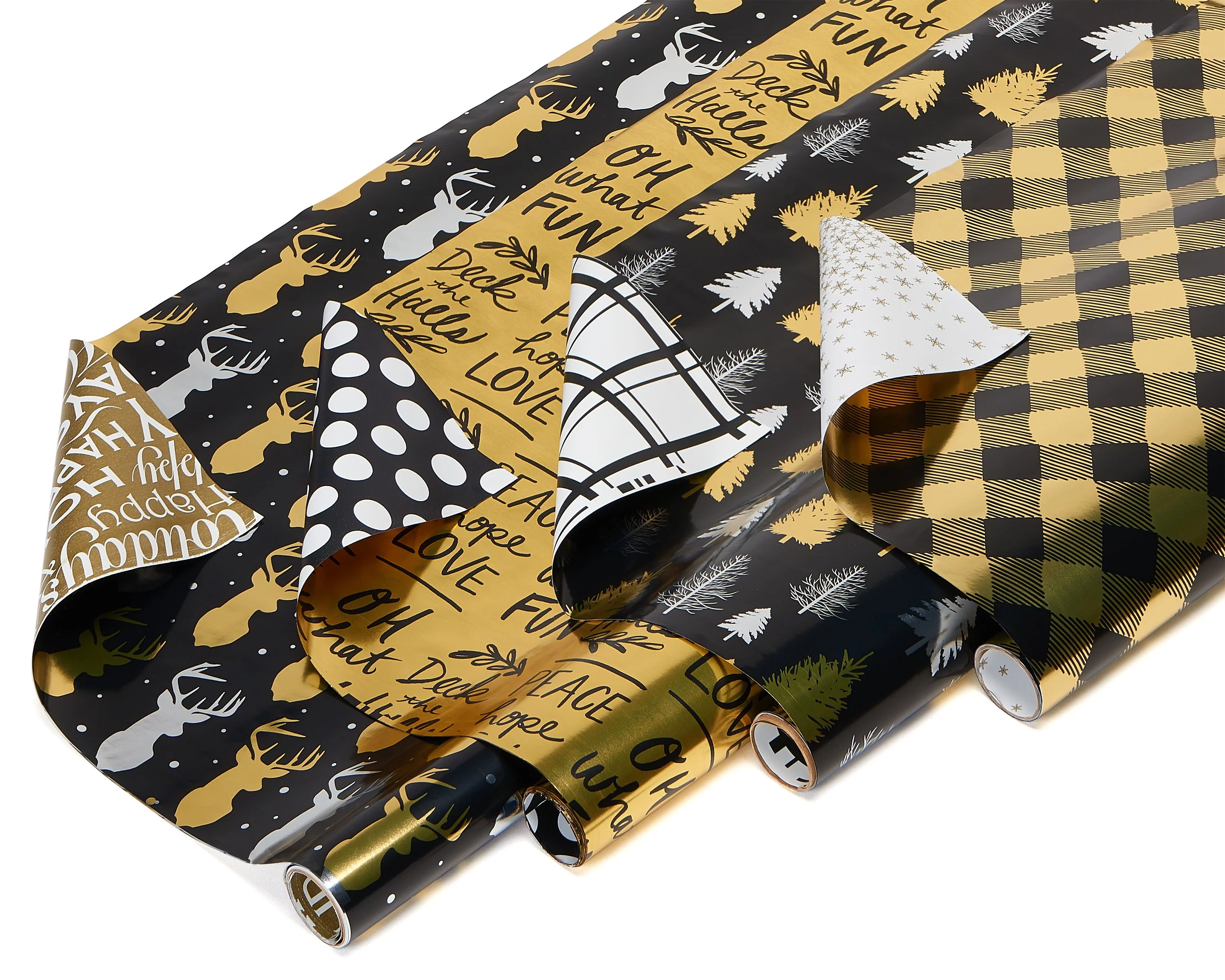 American Greetings Reversible Christmas Foil Wrapping Paper, Black and Gold, Plaid, Trees and Reindeer (4 Pack, 30", 80 sq. ft.)