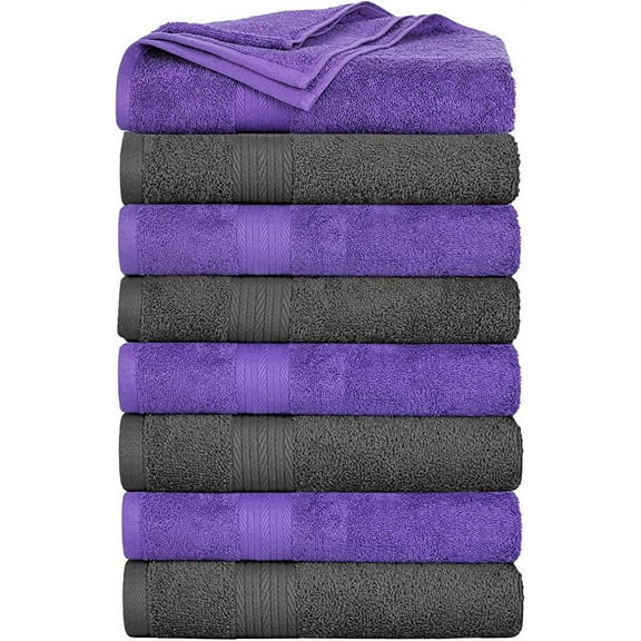 Ample Decor Bath Towel 30 x 54 inch Pack of 8 600 GSM 100% Cotton, Quick Drying, Machine Washable for Hotel, Gym, Kitchen -Grey - Purple