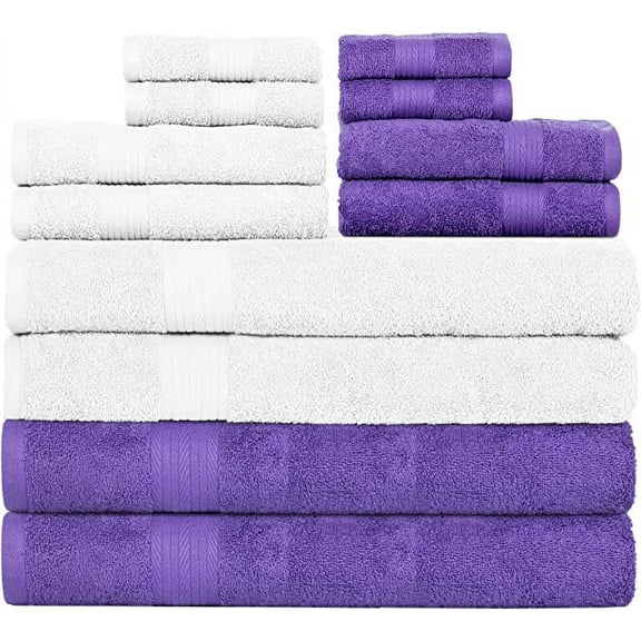 Ample Decor Bathroom Towel Set of 12- 4 Bath Towel, 4 Hand Towel, 4 Hand Towel- Machine Washable - White & Purple