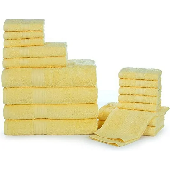 Ample Decor Bathroom Towel Set of 18 - 4 Hand Towel, 4 Bath Towel, 10 Wash Cloths - Yellow