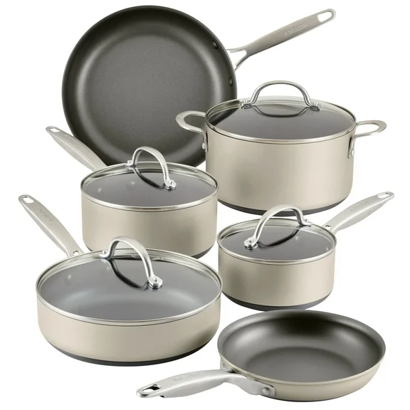 Anolon Achieve Hard Anodized 10 Piece Nonstick Cookware Pots and Pans Set, Silver