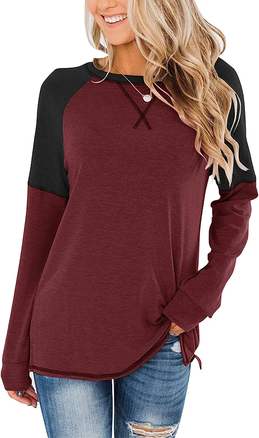 Anyjoin Women's Casual Long Sleeve Tunic Tops Crew Neck Color Block Blouses
