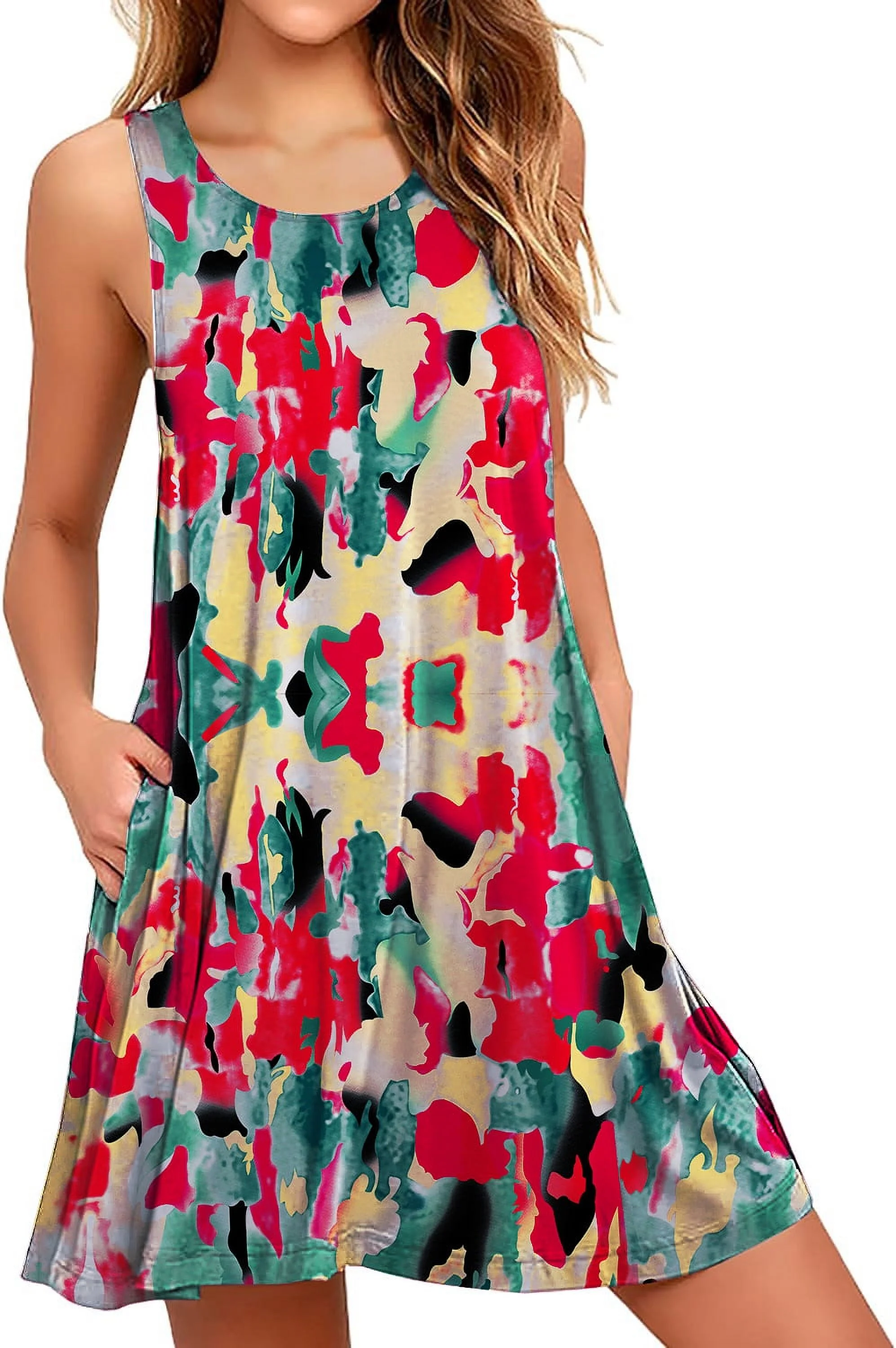 Anyjoin Women's Summer Dresses Beach Floral Tshirt Sundress Sleeveless Pockets Casual Tank Dress