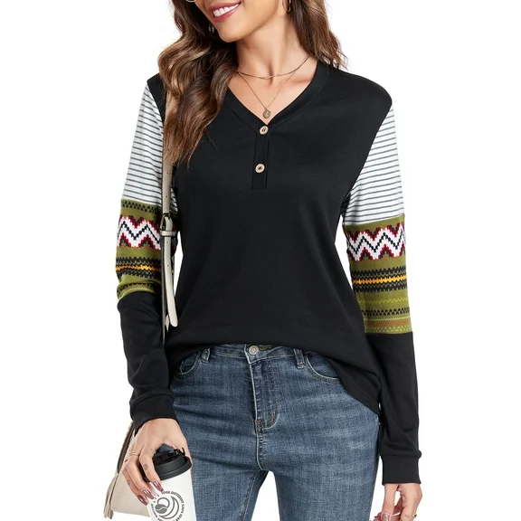 Anyjoin Womens Button Up Long Sleeve Henley Tunic Tops V-Neck Casual Color Block Sweatshirt