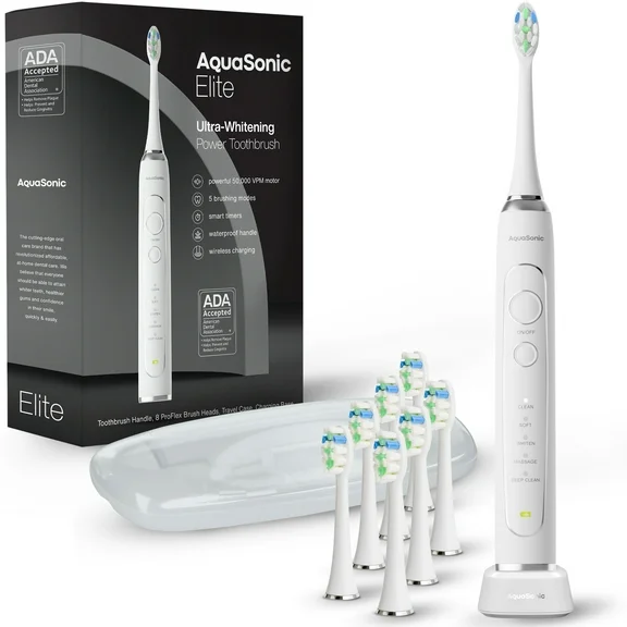 AquaSonic Elite - Advanced Ultra Rechargeable Electric Toothbrush Set - Optic White